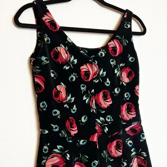 Esprit Vintage Black Velvet Floral Dress Pink Blue Roses Sz 5/6 - Picture 7 of 15